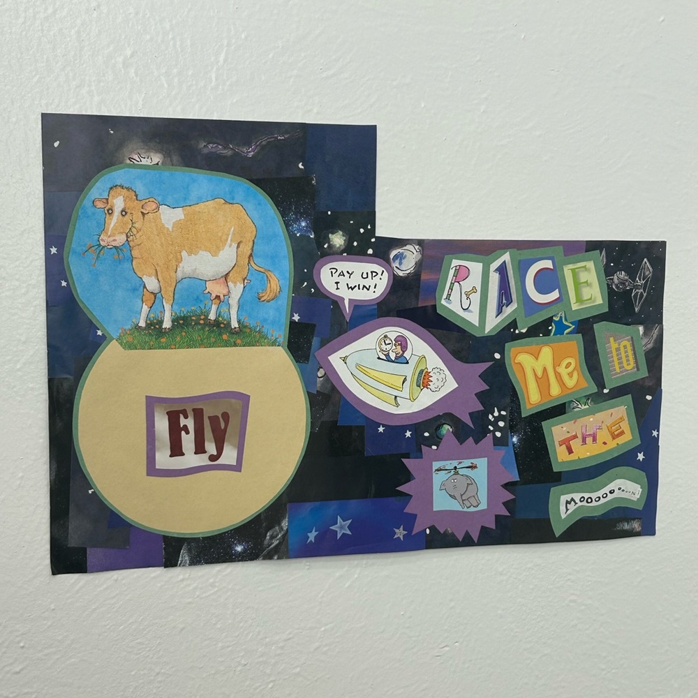 Colorful Collage Art with Cow and Space Theme